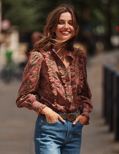 Ruffled Cotton Blouse-Chive, Ornate Bud