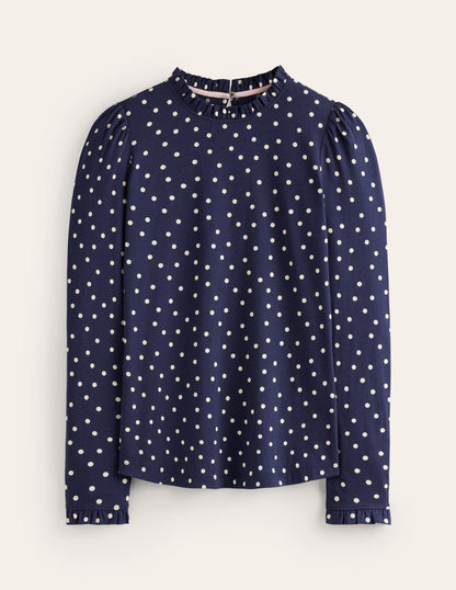 Supersoft Frill Detail Top-French Navy, Sparse Spot