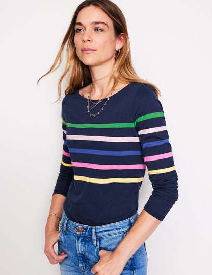 Ella Long Sleeve Breton-French Navy and Rainbow