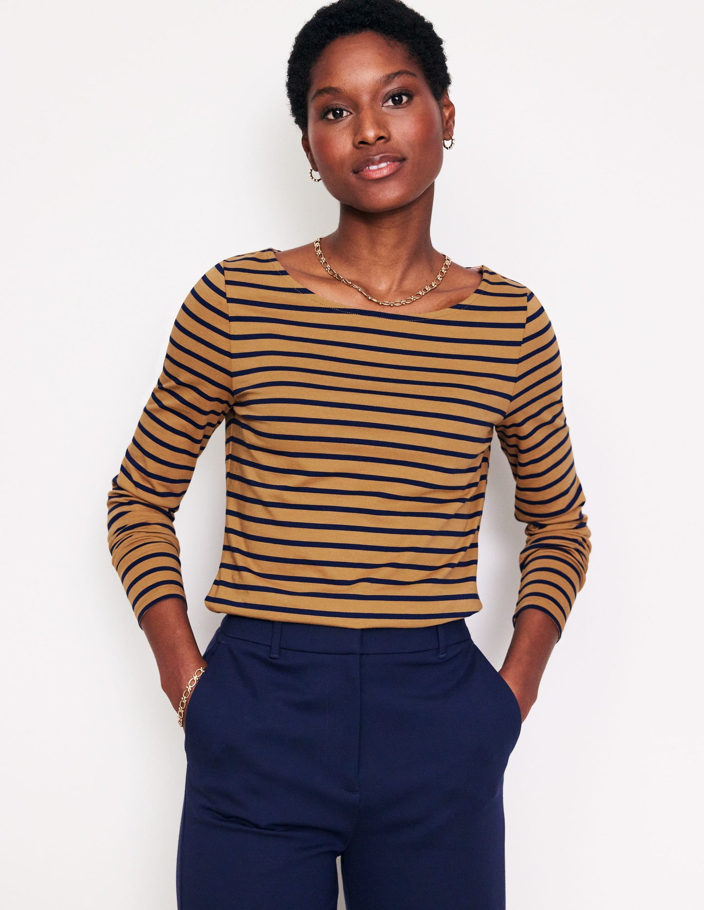 Ella Long Sleeve Breton-Camel, French Navy Stripe