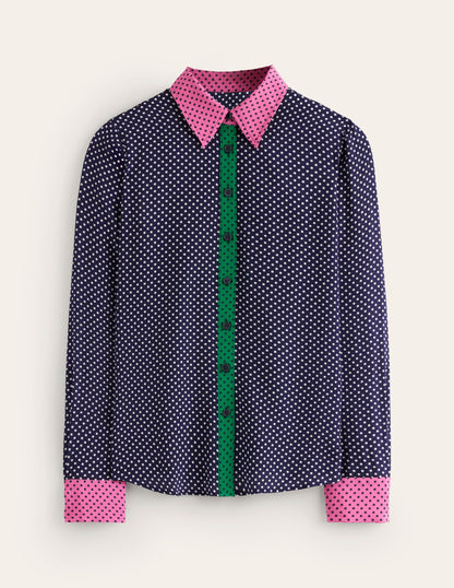 Sienna Silk Shirt-French Navy, Spots