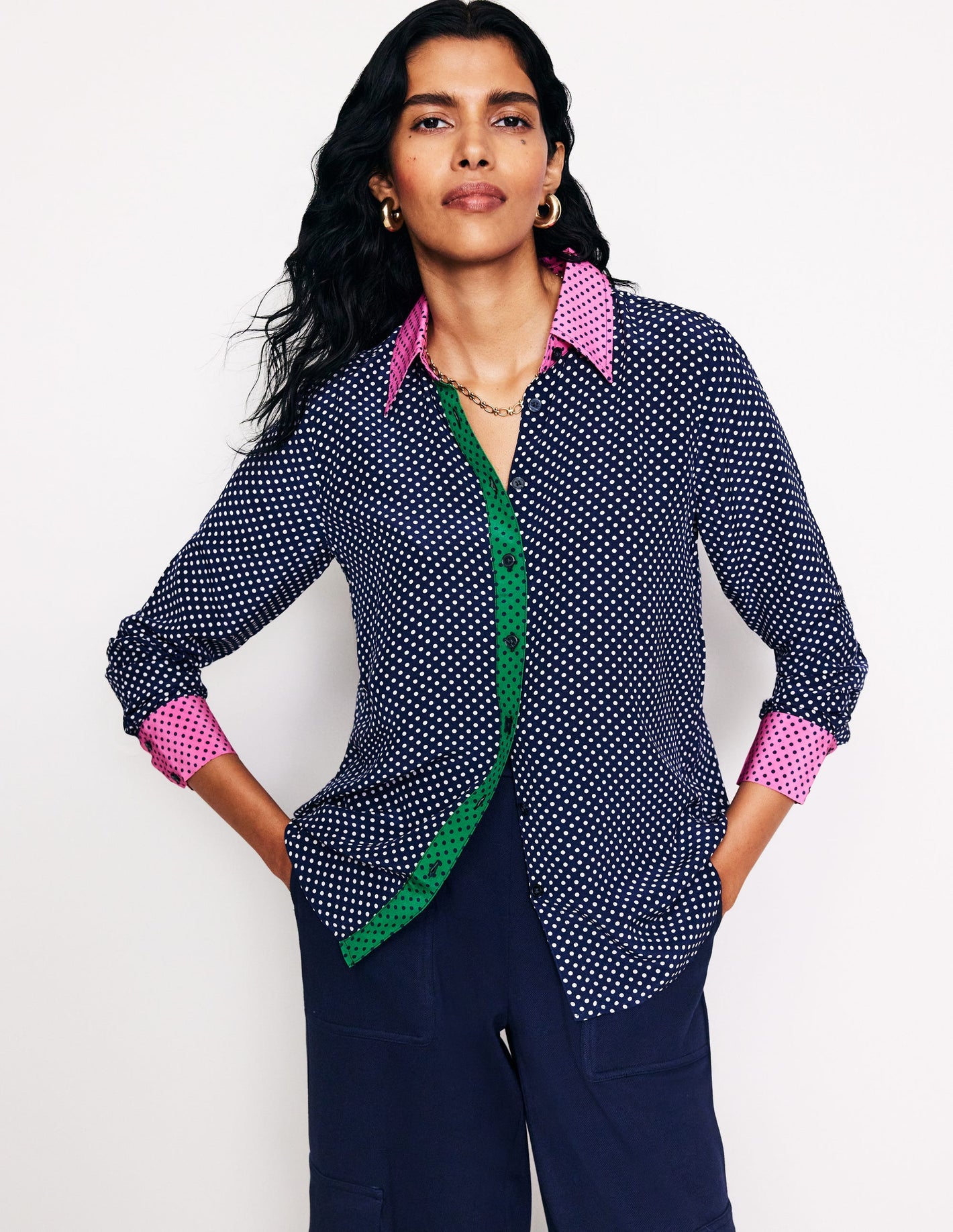 Sienna Silk Shirt-French Navy, Spots