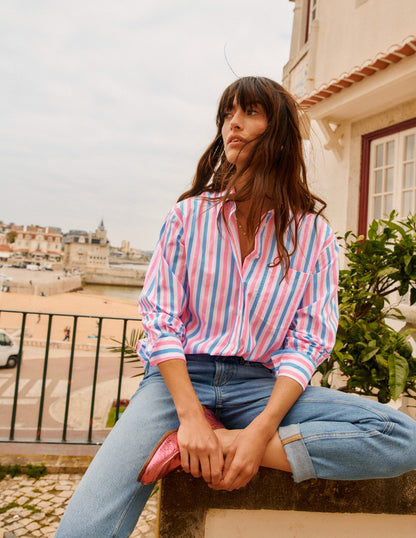 Connie Relaxed Cotton Shirt-Blue and Neon Pink Shirting