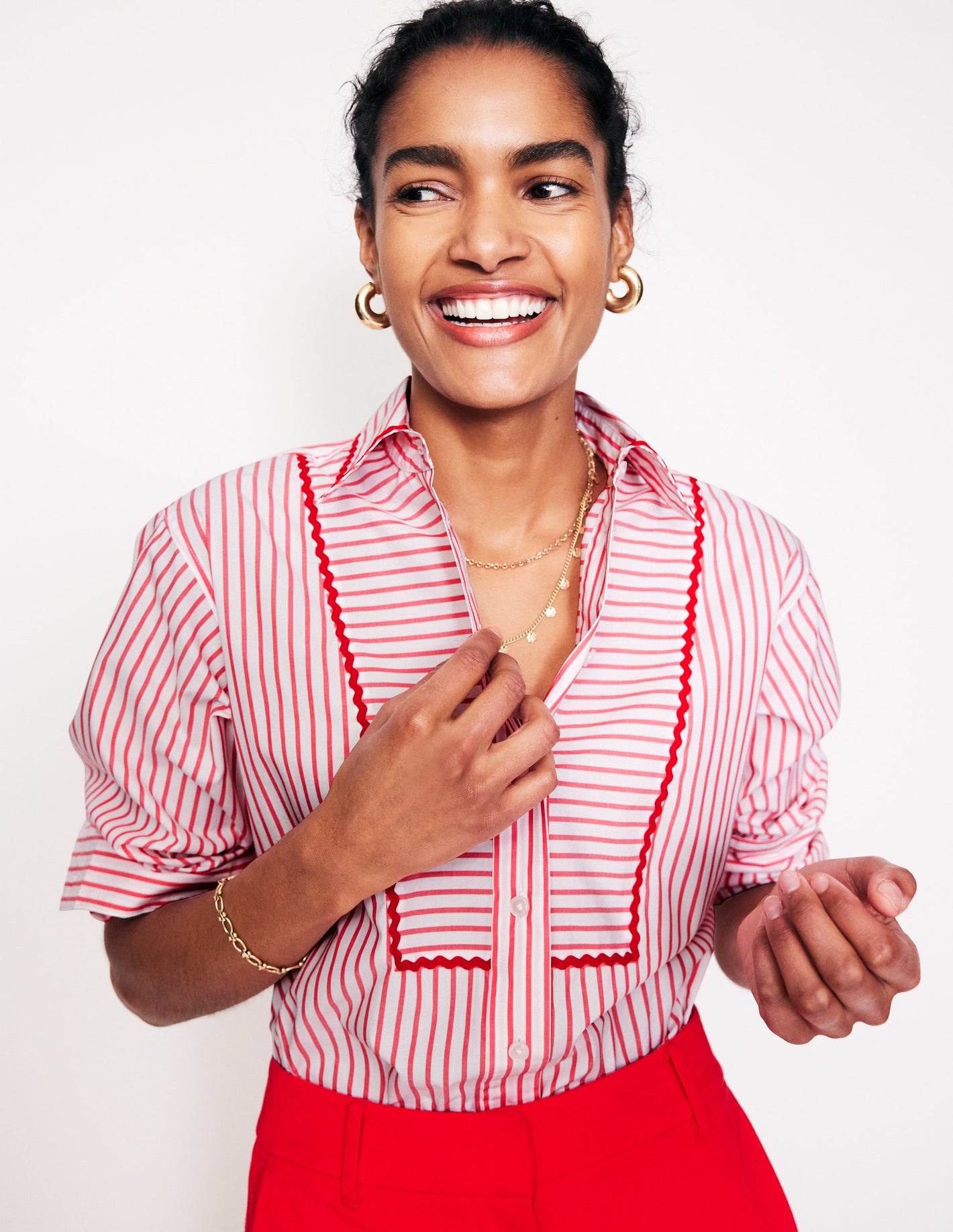 Connie Relaxed Cotton Shirt-Red, Ivory Stripe