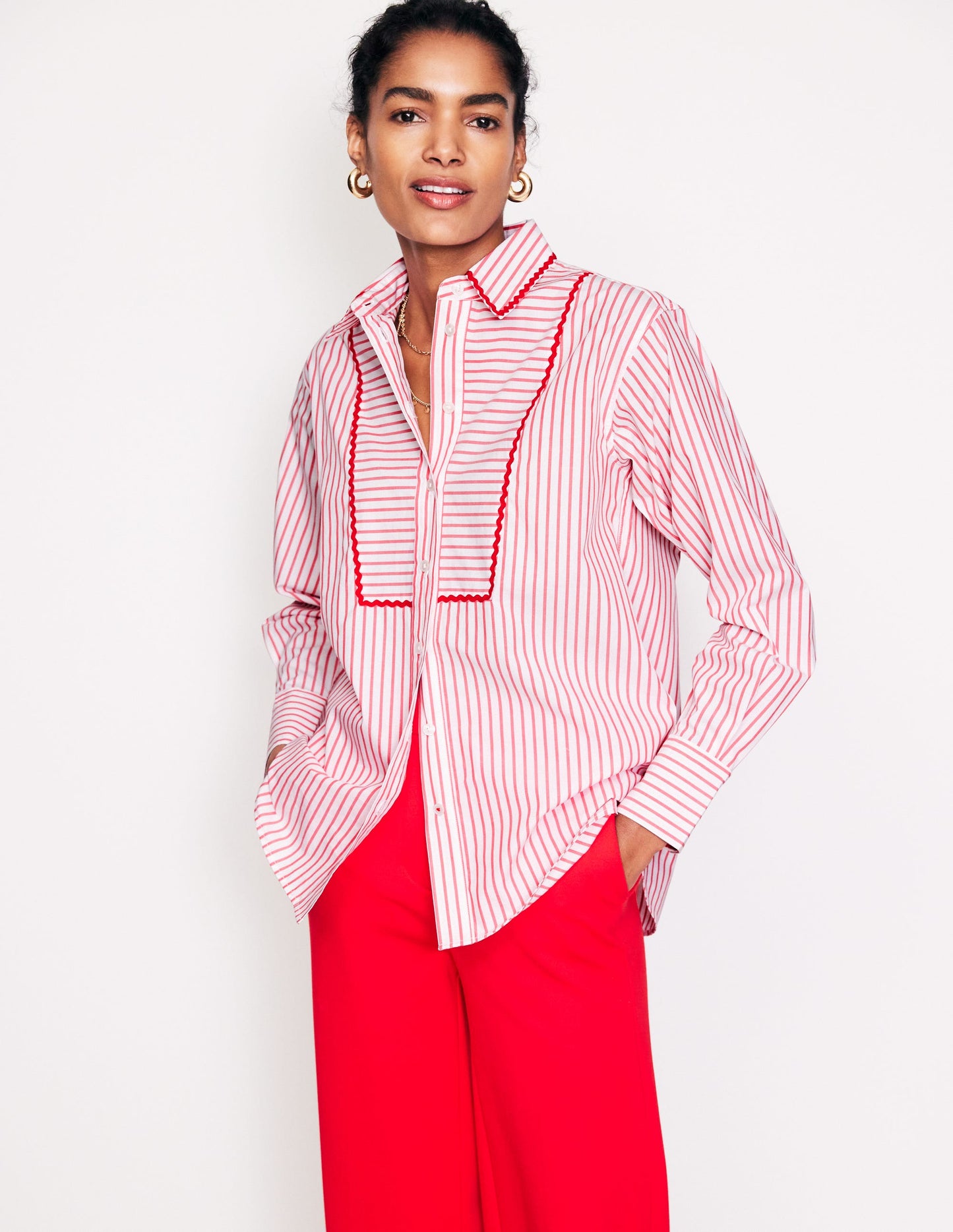 Connie Relaxed Cotton Shirt-Red, Ivory Stripe