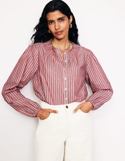 Mae Cotton Smocked Blouse-Red Stripe