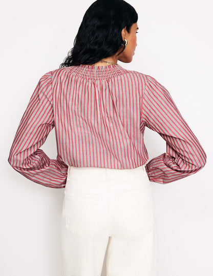 Mae Cotton Smocked Blouse-Red Stripe