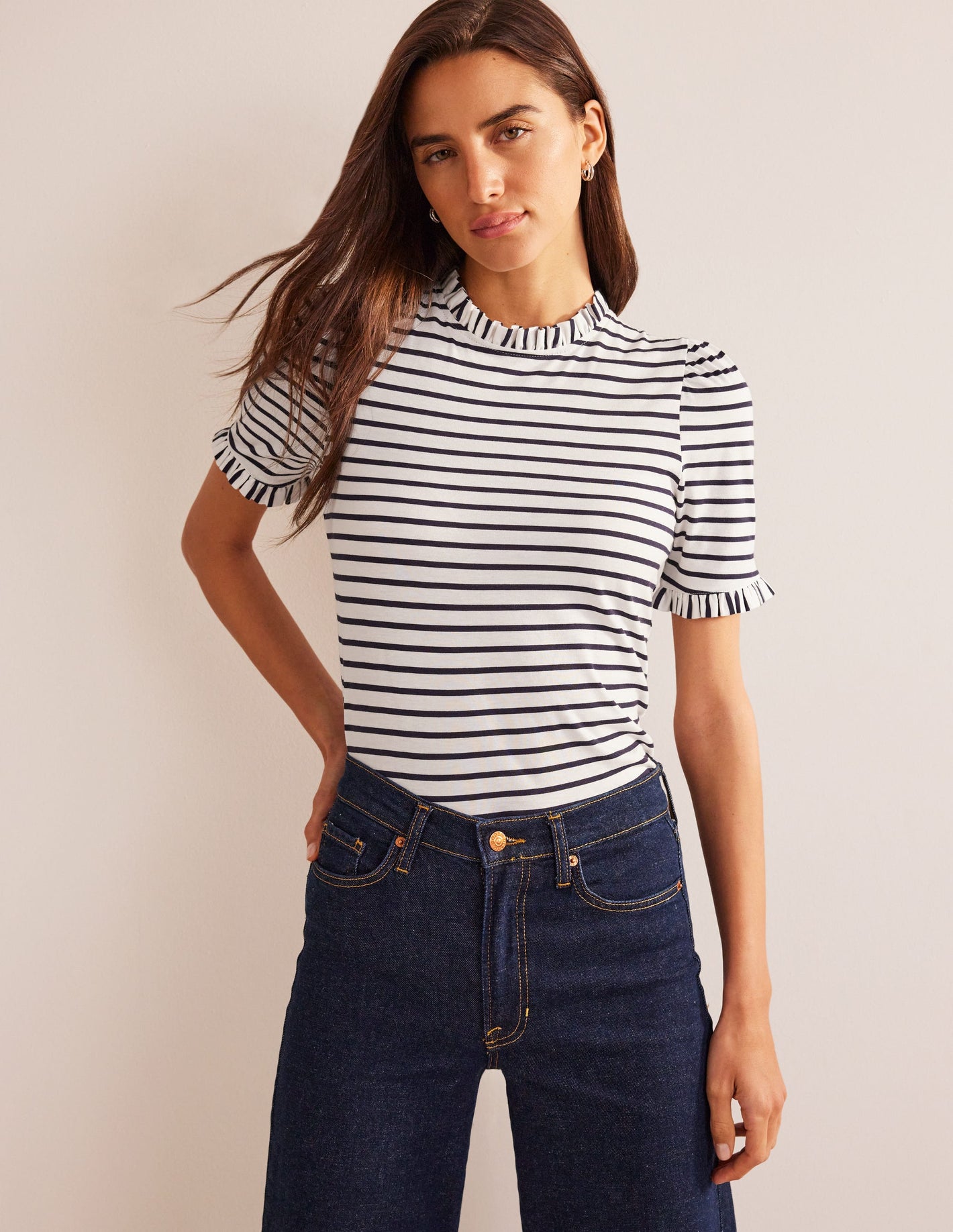 Supersoft Frill Detail T-shirt-Ivory, Navy Stripe