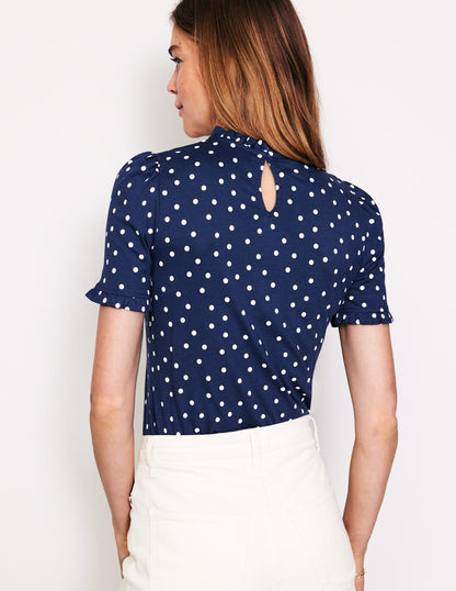 Supersoft Frill Detail T-shirt-Navy, Sparse Spot