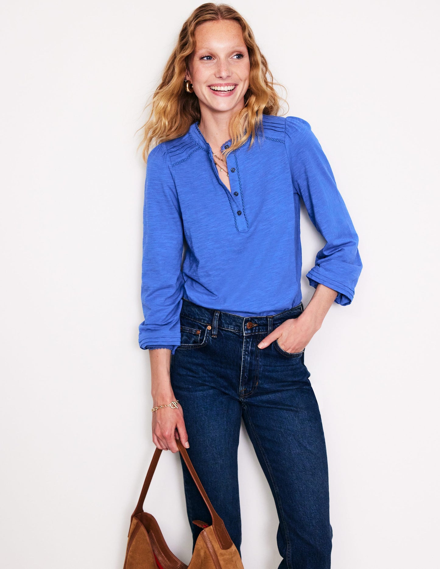 Henrietta Pintuck Henley Top-Blue Jay