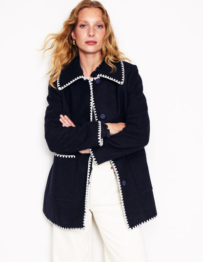 Blanket Stitch Car Coat-Navy