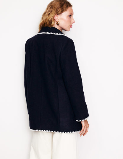 Blanket Stitch Car Coat-Navy