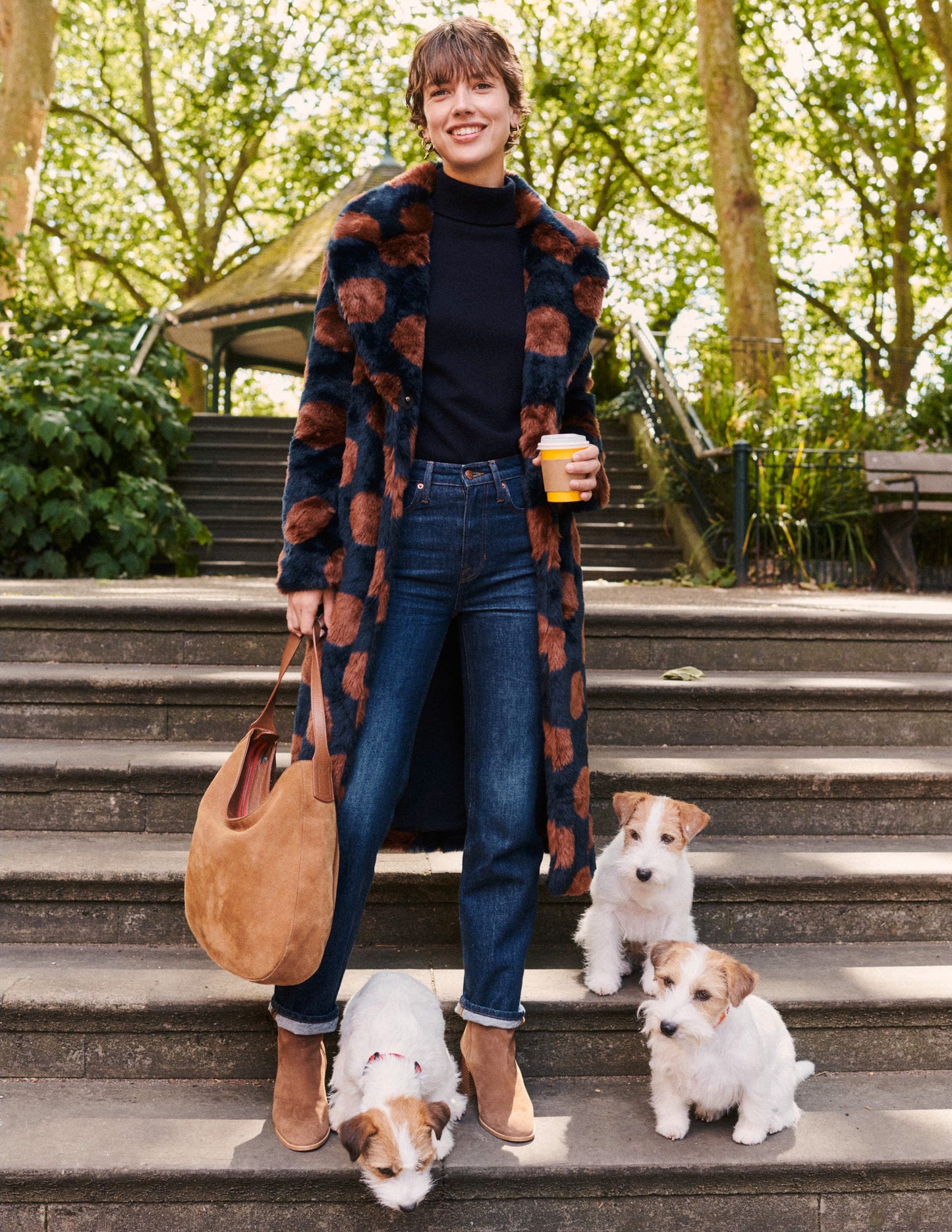 Spot Faux-Fur Midi Coat-Navy & Brown Spot