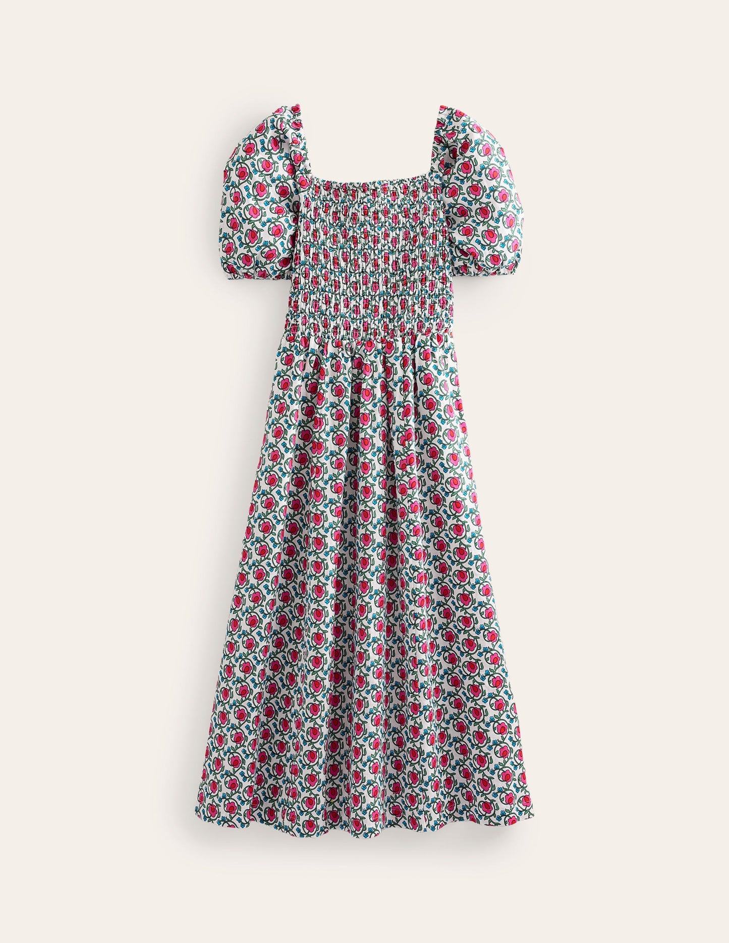 Sky Smocked Linen Midi Dress-Pop Pansy, Foliage Terrace