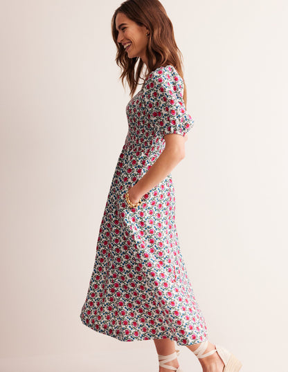 Sky Smocked Linen Midi Dress-Pop Pansy, Foliage Terrace