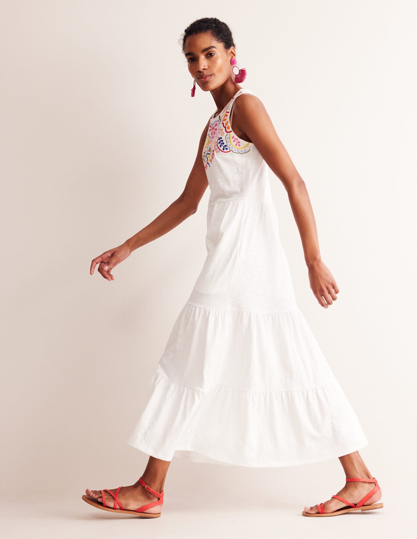 Embroidered Jersey Midi Dress-White