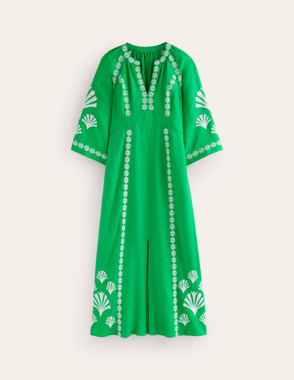 Una Linen Embroidered Dress-Bright Green