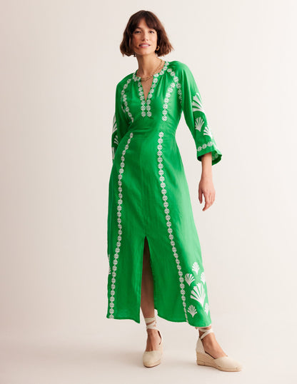 Una Linen Embroidered Dress-Bright Green