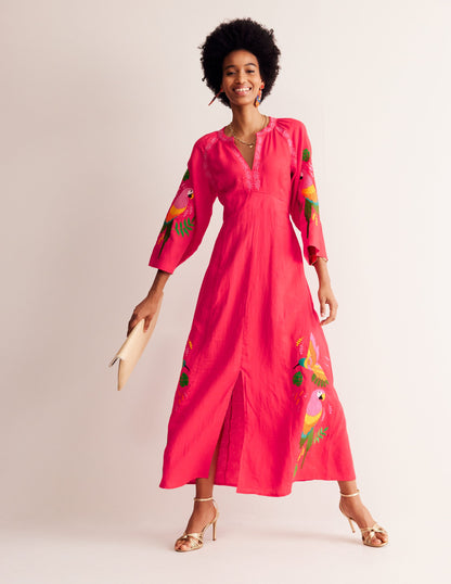 Una Linen Embroidered Dress-Hibiscus