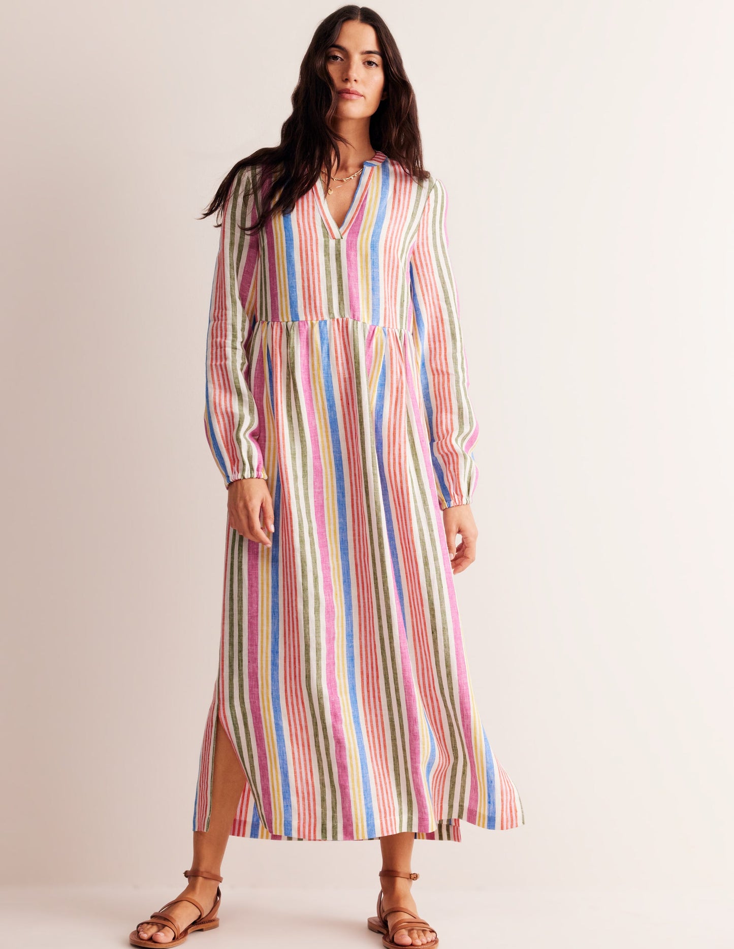 Linen Maxi Notch Neck Dress-Pop Pansy, Multistripe