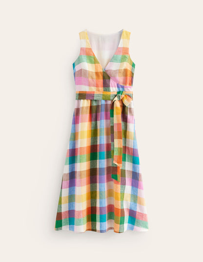 Linen Wrap Midi Dress-Bright Neon Multigingham