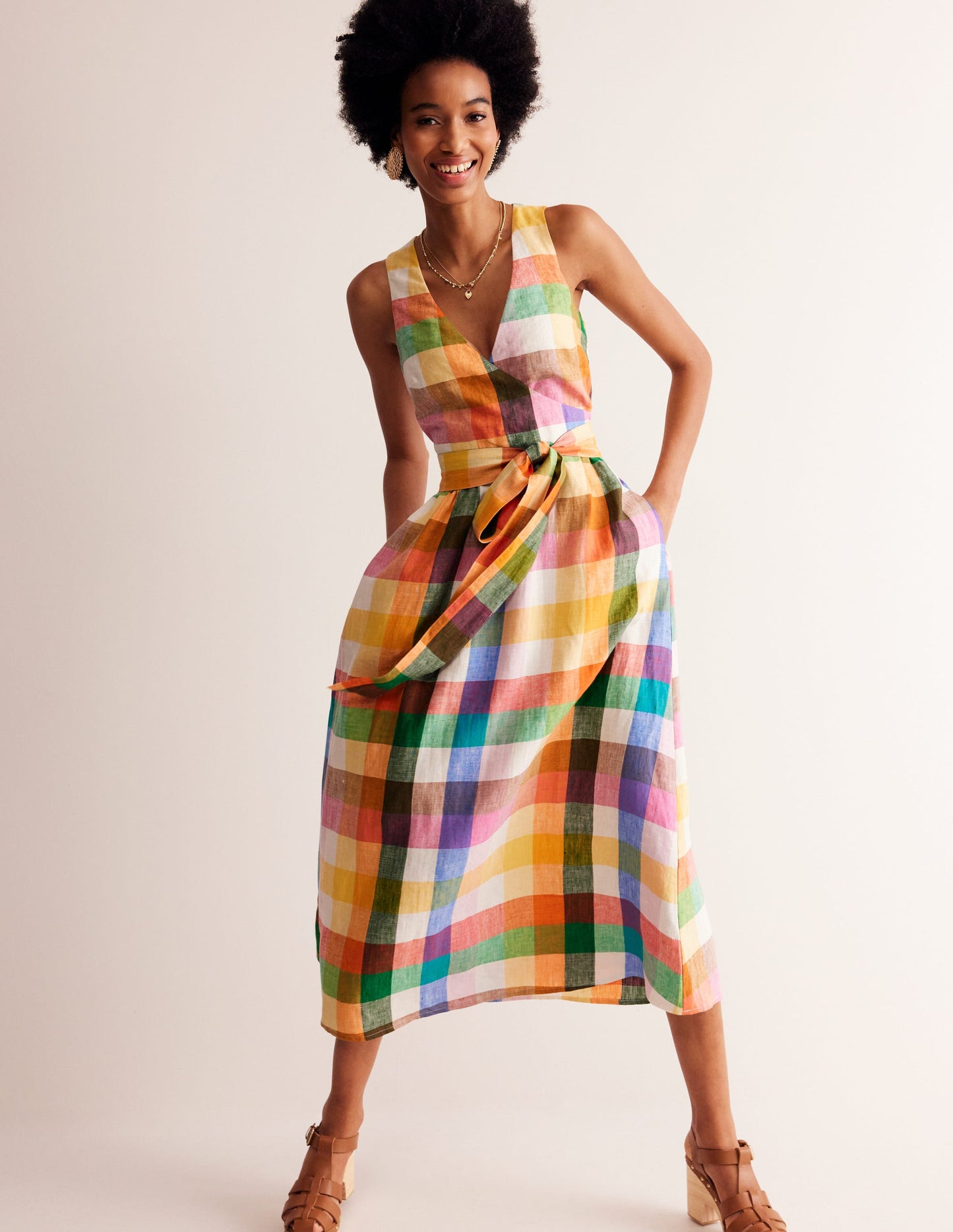 Linen Wrap Midi Dress-Bright Neon Multigingham