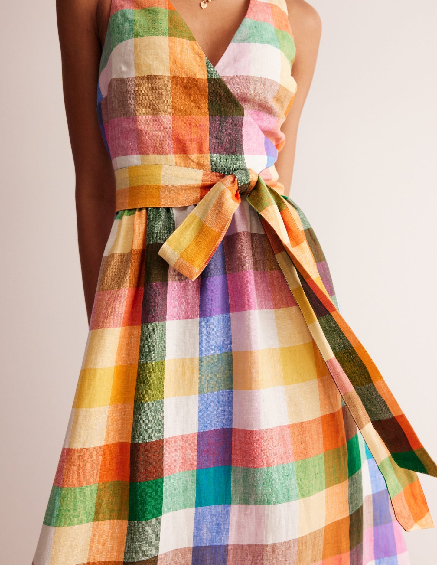 Linen Wrap Midi Dress-Bright Neon Multigingham