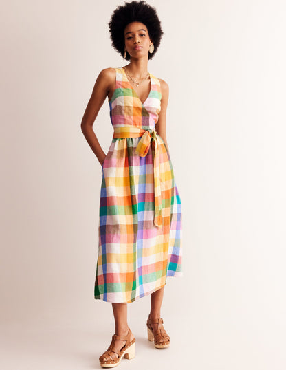 Linen Wrap Midi Dress-Bright Neon Multigingham