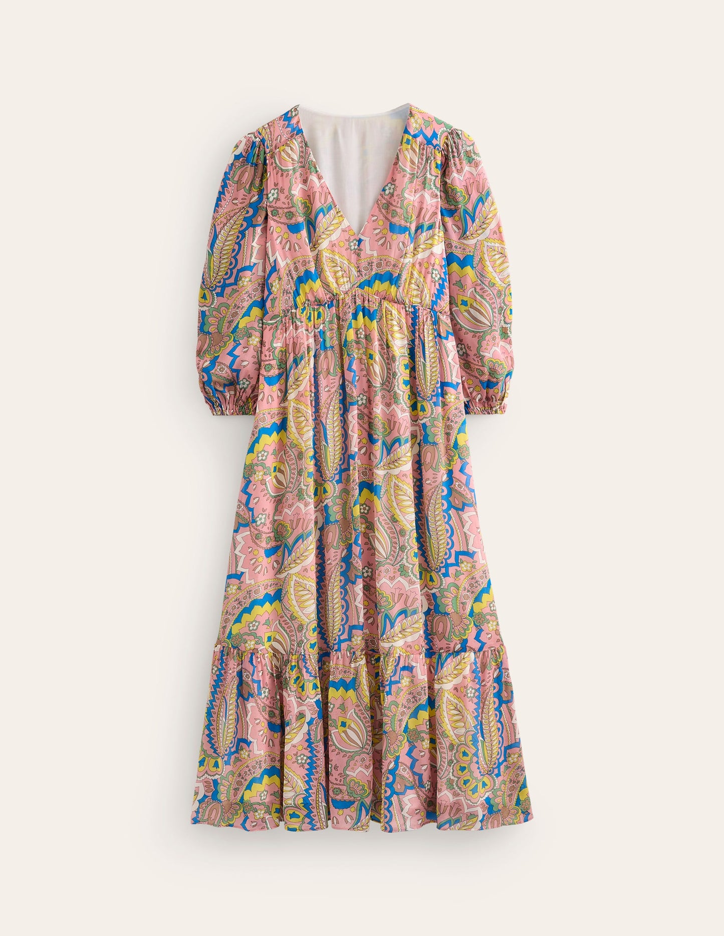 V Neck Puff Maxi Dress-Multi, Foliage Paisley