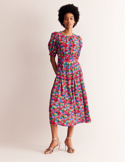 Liv Pleat Detail Midi Dress-Multi, Wild Poppy