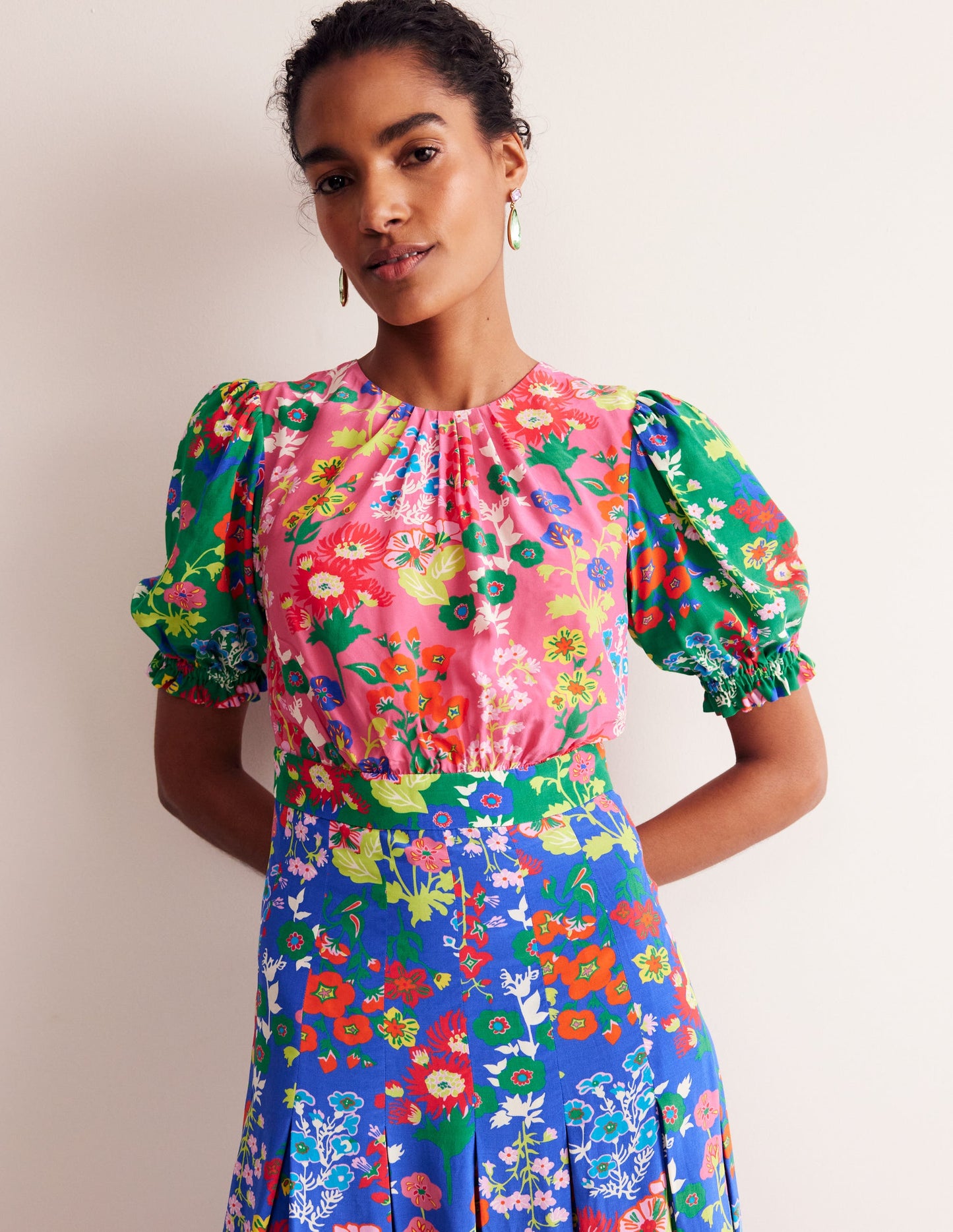 Liv Pleat Detail Midi Dress-Multi, Wildflower Cluster