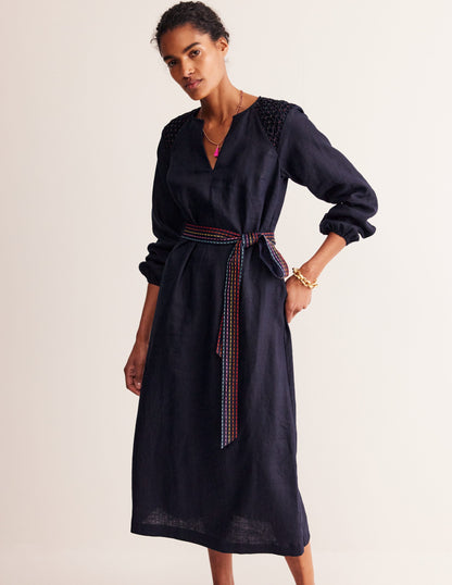 Linen Midi Smocked Dress-Navy