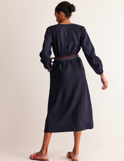 Linen Midi Smocked Dress-Navy