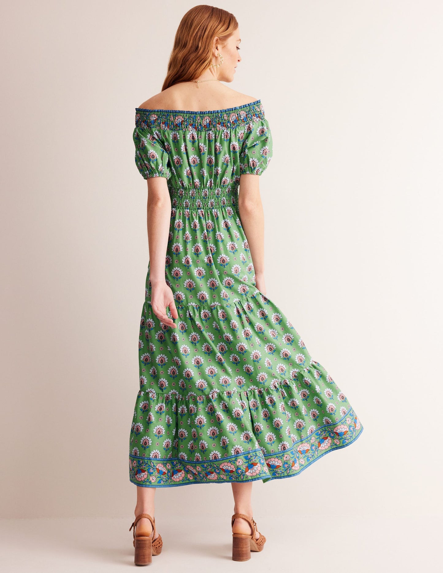 Cotton Midi Smocked Dress-Stone Green, Passion Geo