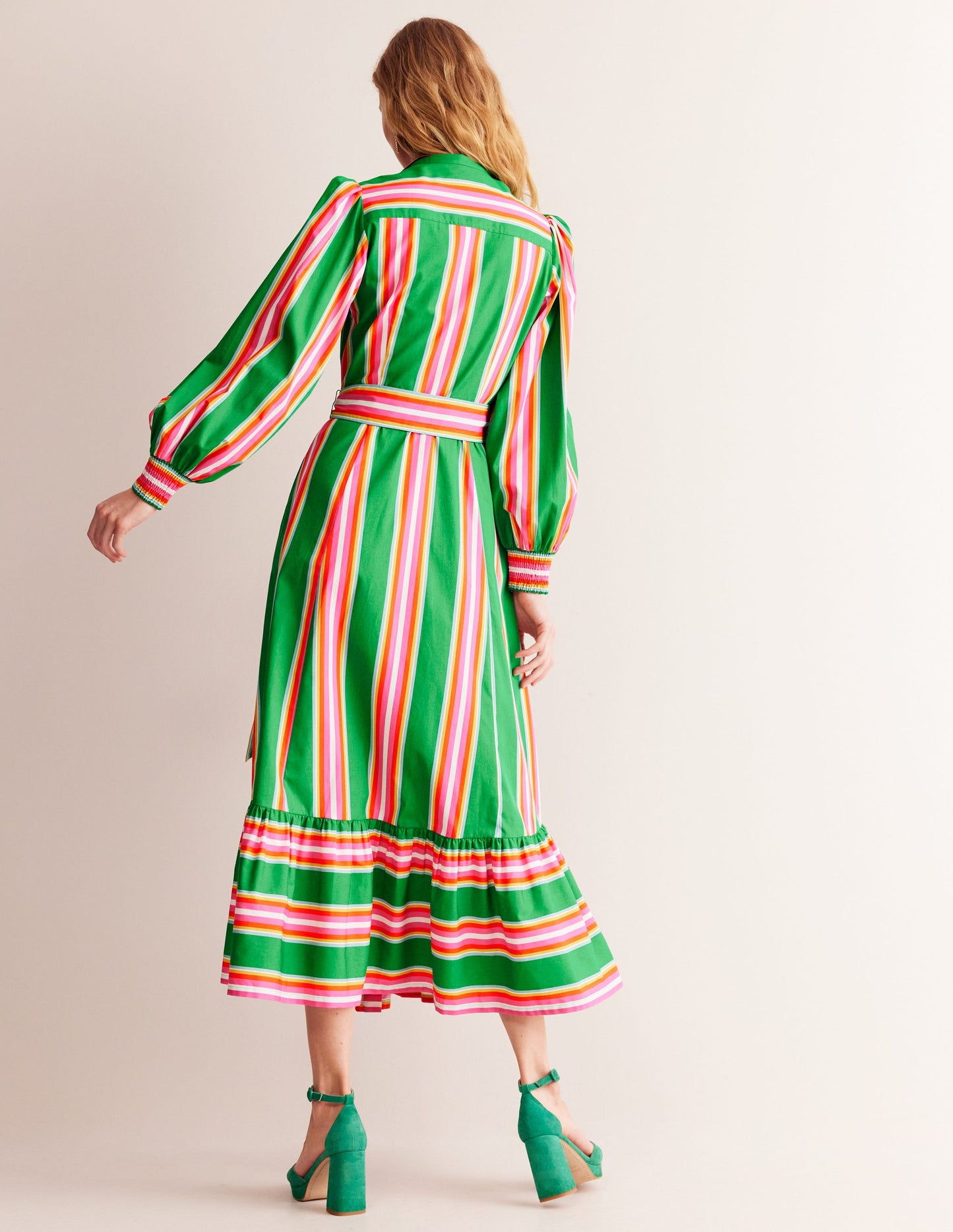 Cotton Midi Shirt Dress-Green Tambourine, Pink Stripe