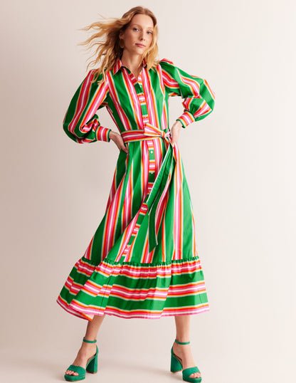 Cotton Midi Shirt Dress-Green Tambourine, Pink Stripe