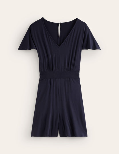 Smocked Jersey Playsuit-Navy