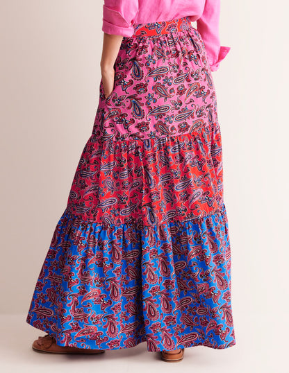 Lorna Tiered Maxi Skirt-Sangria Sunset, Paisley Wave