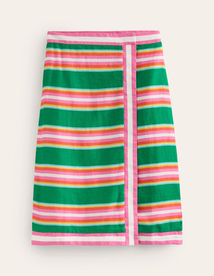 Linen Border Wrap Skirt-Green Tambourine, Pink Stripe