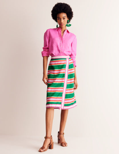 Linen Border Wrap Skirt-Green Tambourine, Pink Stripe