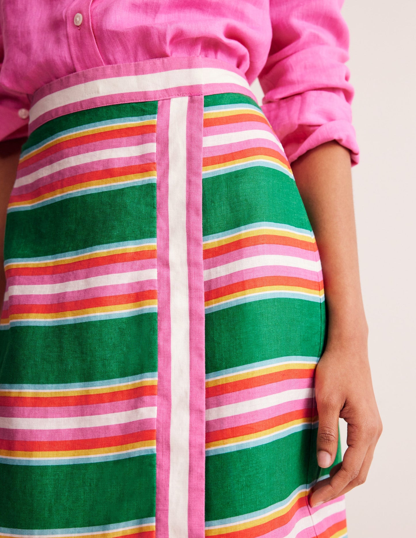 Linen Border Wrap Skirt-Green Tambourine, Pink Stripe