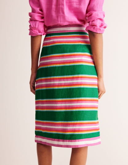 Linen Border Wrap Skirt-Green Tambourine, Pink Stripe