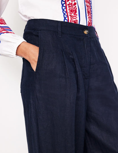 Regent Pleat Linen Pants-Navy