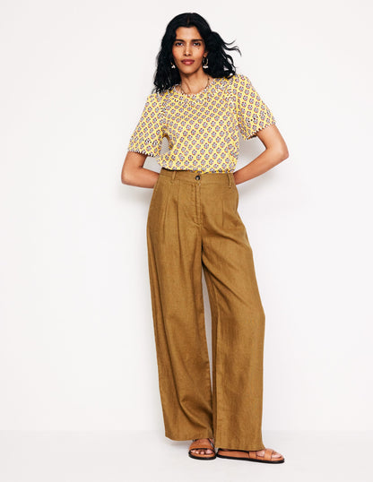 Regent Pleat Linen Pants-Bronze Brown