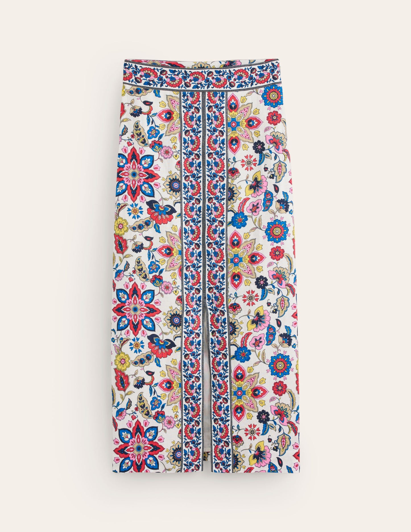 Split Front Column Linen Skirt-Ivory, Floral