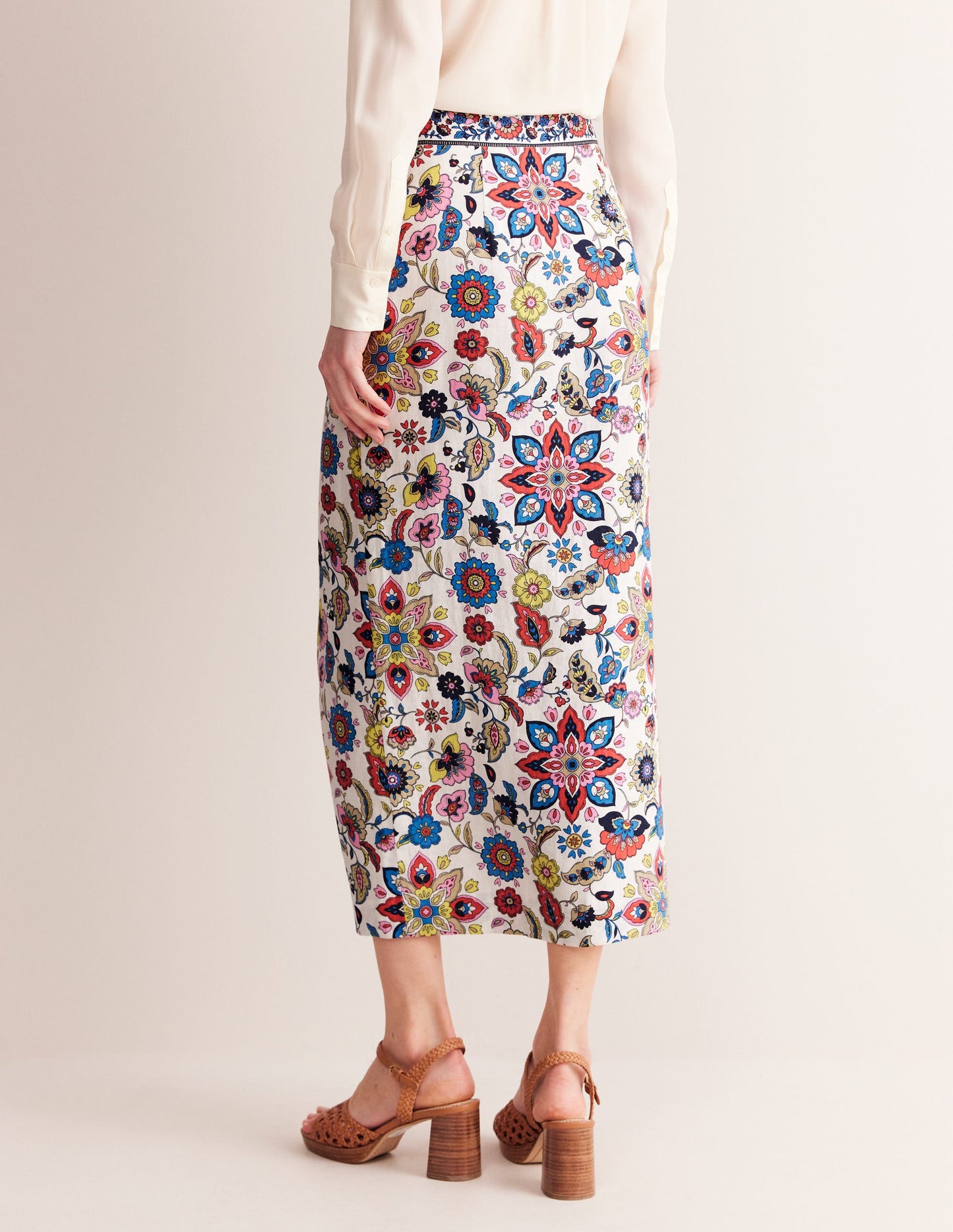 Split Front Column Linen Skirt-Ivory, Floral