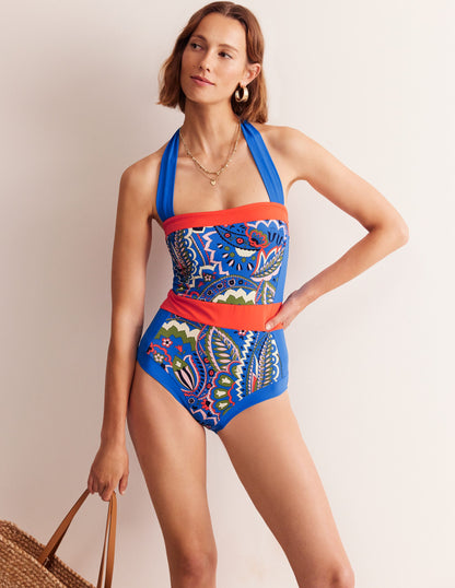 Santorini Halterneck Swimsuit-Blue, Foliage Paisley