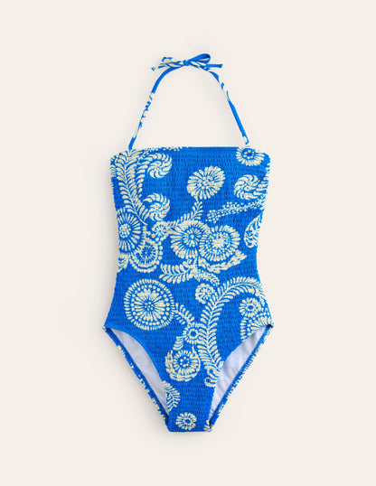 Milos Smocked Bandeau Swimsuit-Indigo Bunting, Abstract Charm