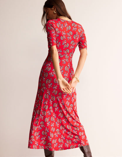 Rebecca Jersey Midi Tea Dress-Flame Scarlet, Botanical Bunch