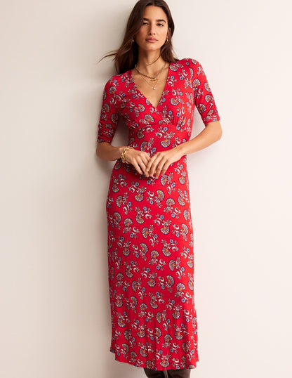 Rebecca Jersey Midi Tea Dress-Flame Scarlet, Botanical Bunch